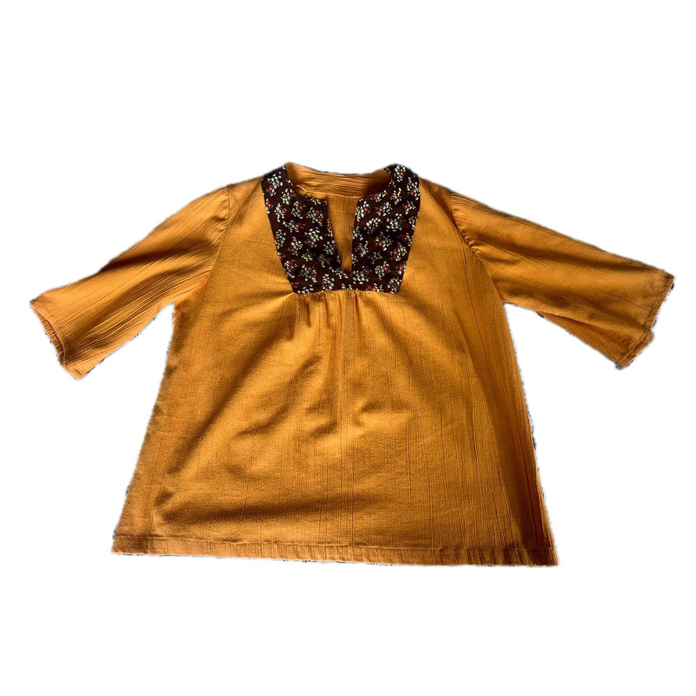 Vintage 70s Handmade Mustard Yellow Cotton Floral Tunic Top Western Prarie XL